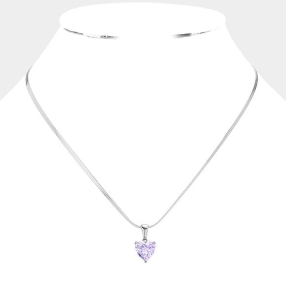 Purple Pendant Necklace Heart CZ Stainless Steel Jewelry Silver - Picture 2 of 2